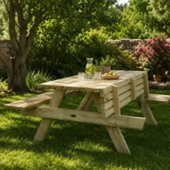 Tavolo da Picnic in Legno Impregnato con Panche Integrate da Giardino