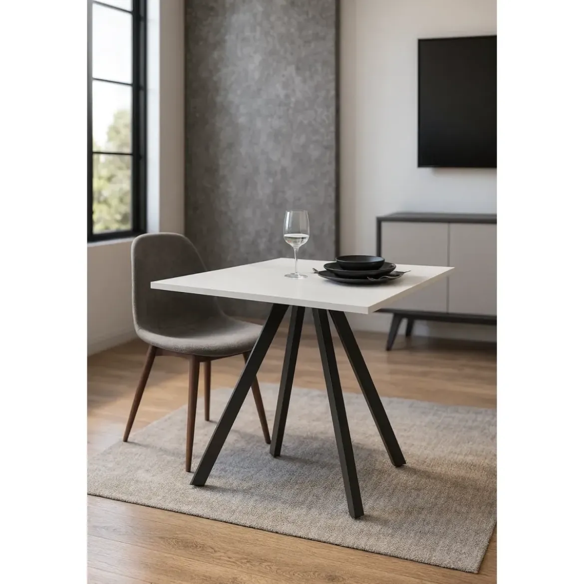 Tavolo da Pranzo Bianco Frassinato Rettangolare 90x70 cm Struttura Nera