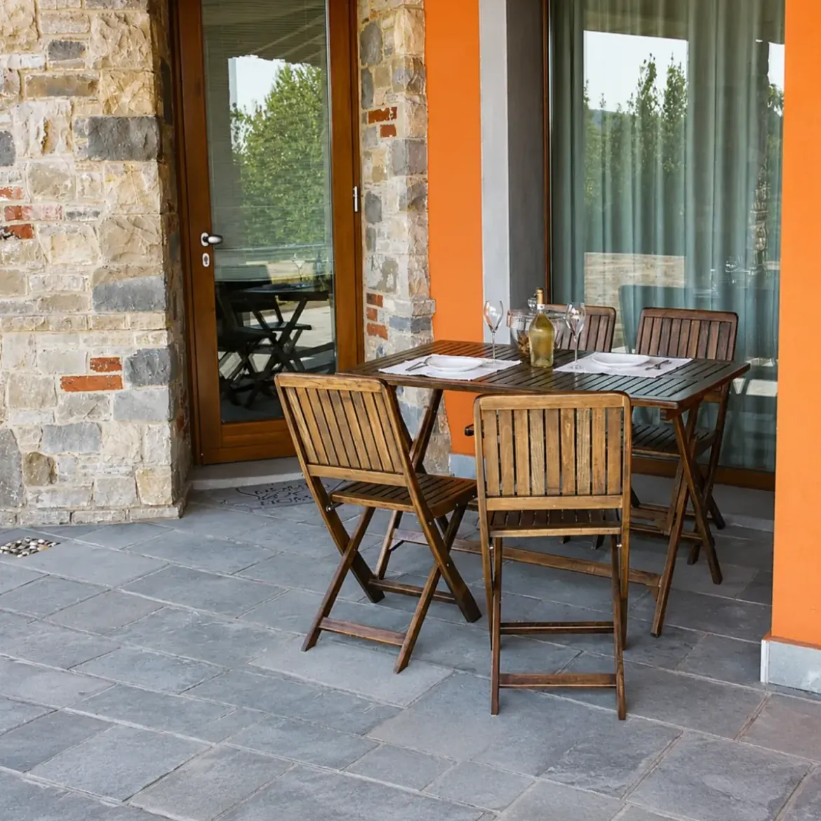 Tavolo e 4 Sedie in Legno Set Pieghevole Tavolino da Pranzo per Esterno