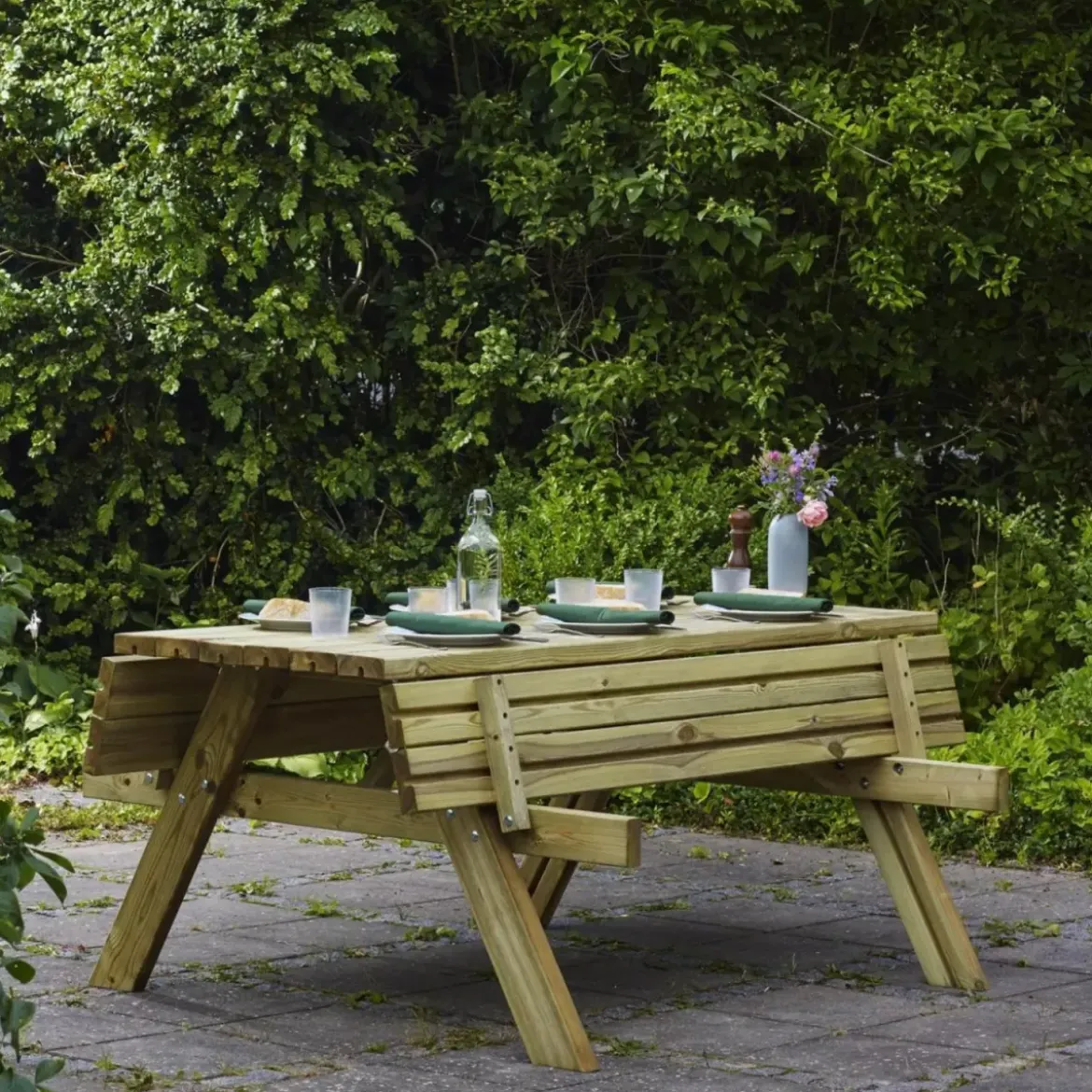 Tavolo Picnic in Legno da Esterno con Panche Richiudibili 177x153x76cm