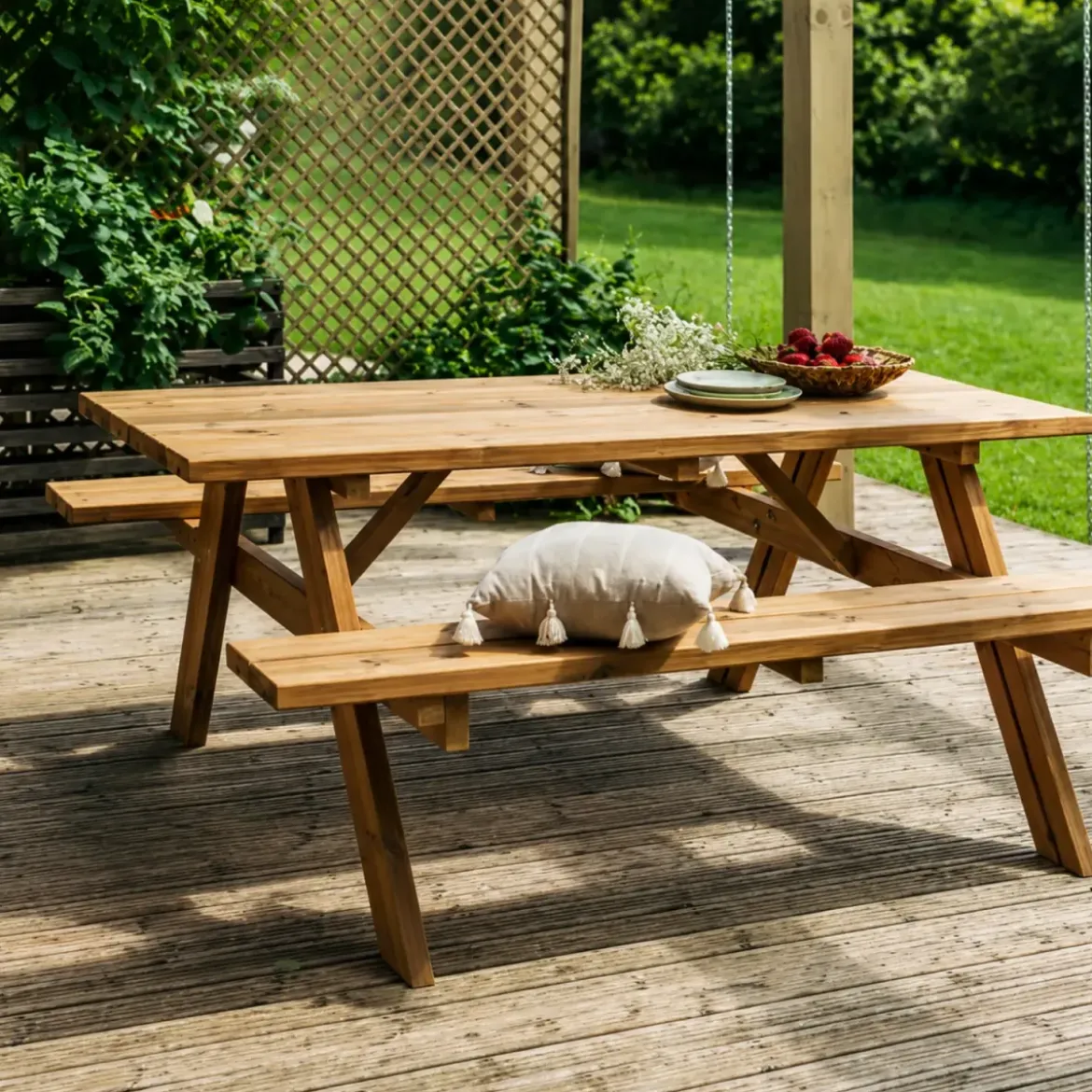 Tavolo Picnic in Legno Termotrattato Panche Richiudibili 177x153x76cm