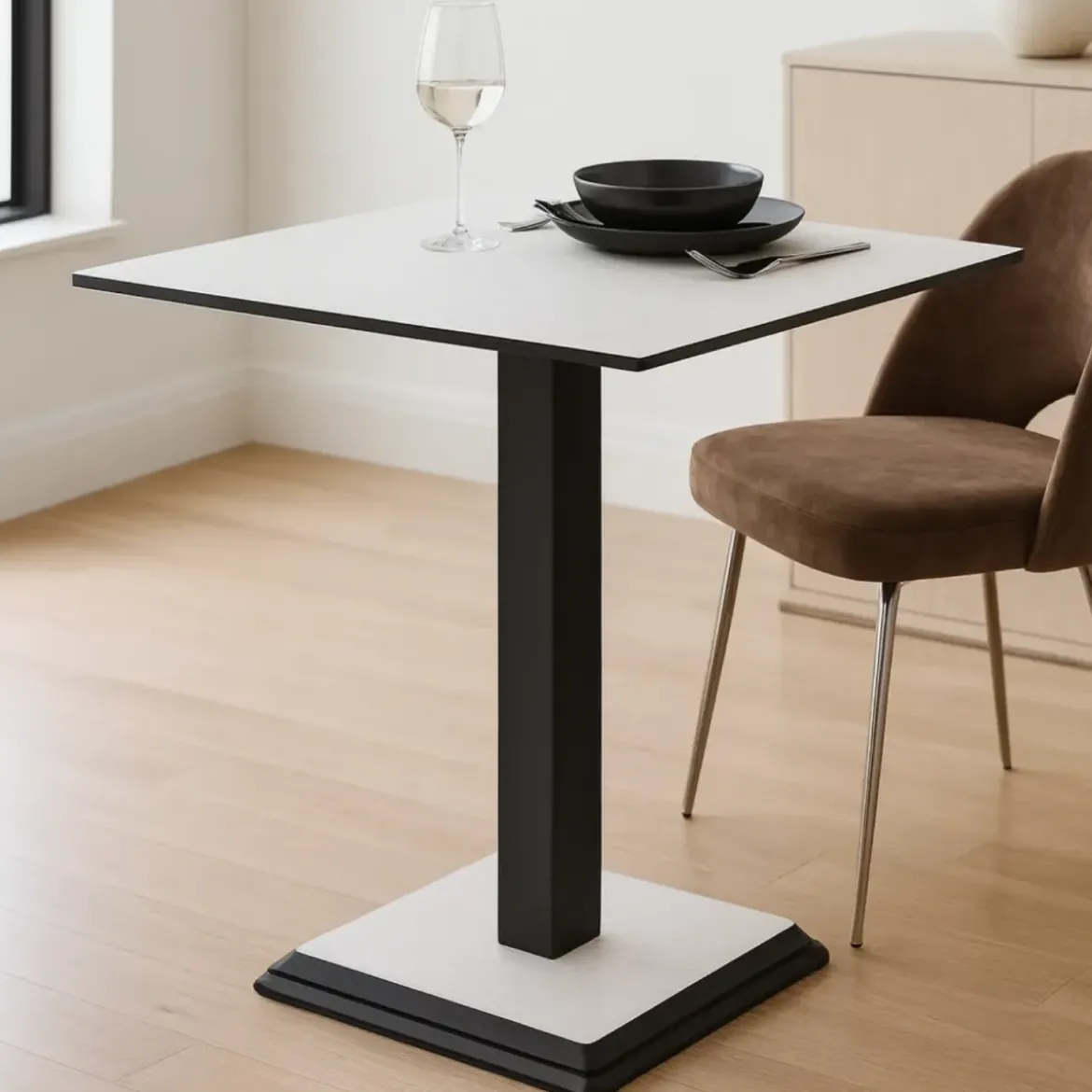 Tavolo Quadrato Bianco Frassinato 68x68 cm da Pranzo Moderno Gambe Metallo