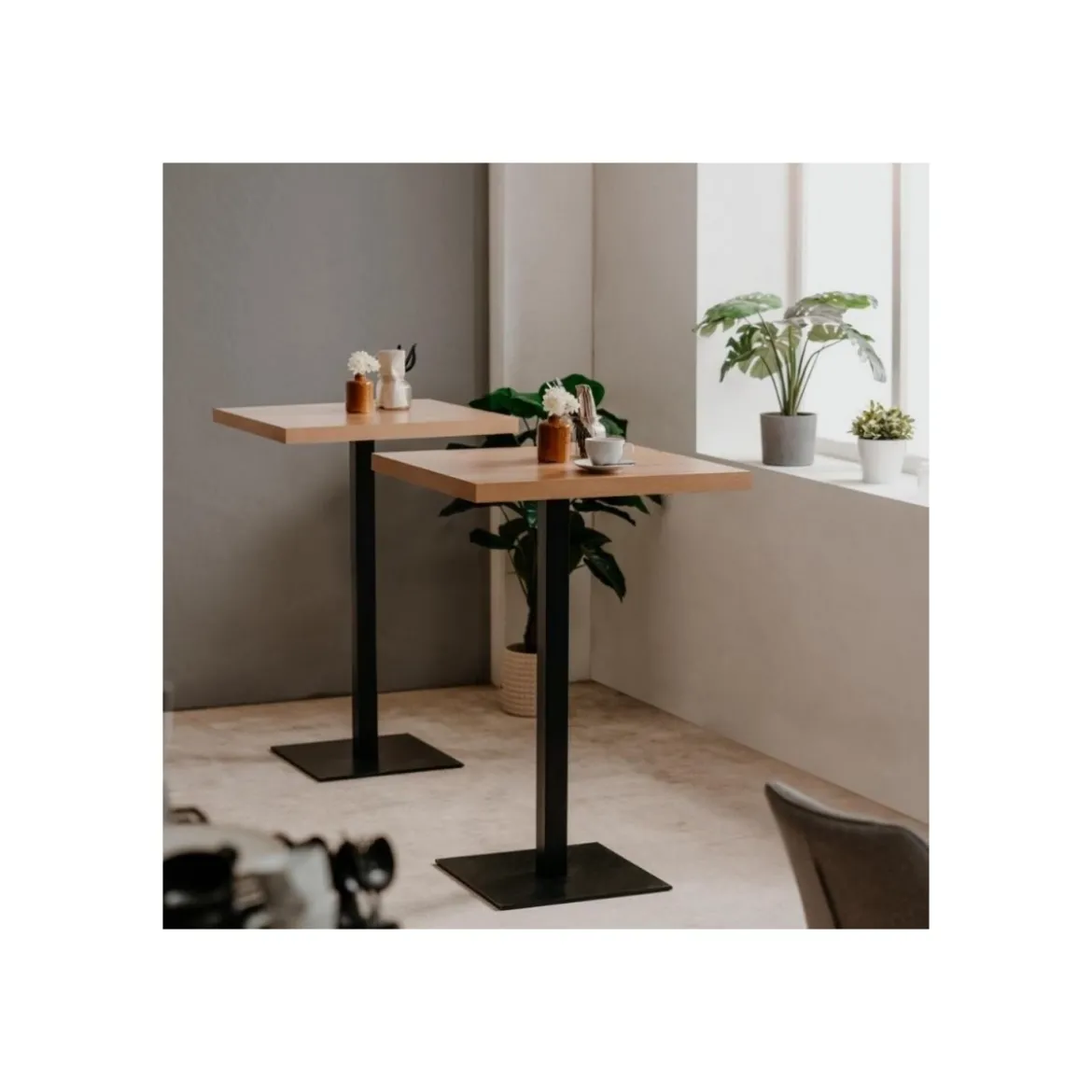 Tavolo Quadrato 70x70 Alto da Bar per Sgabelli in Legno Rovere e Metallo Nero