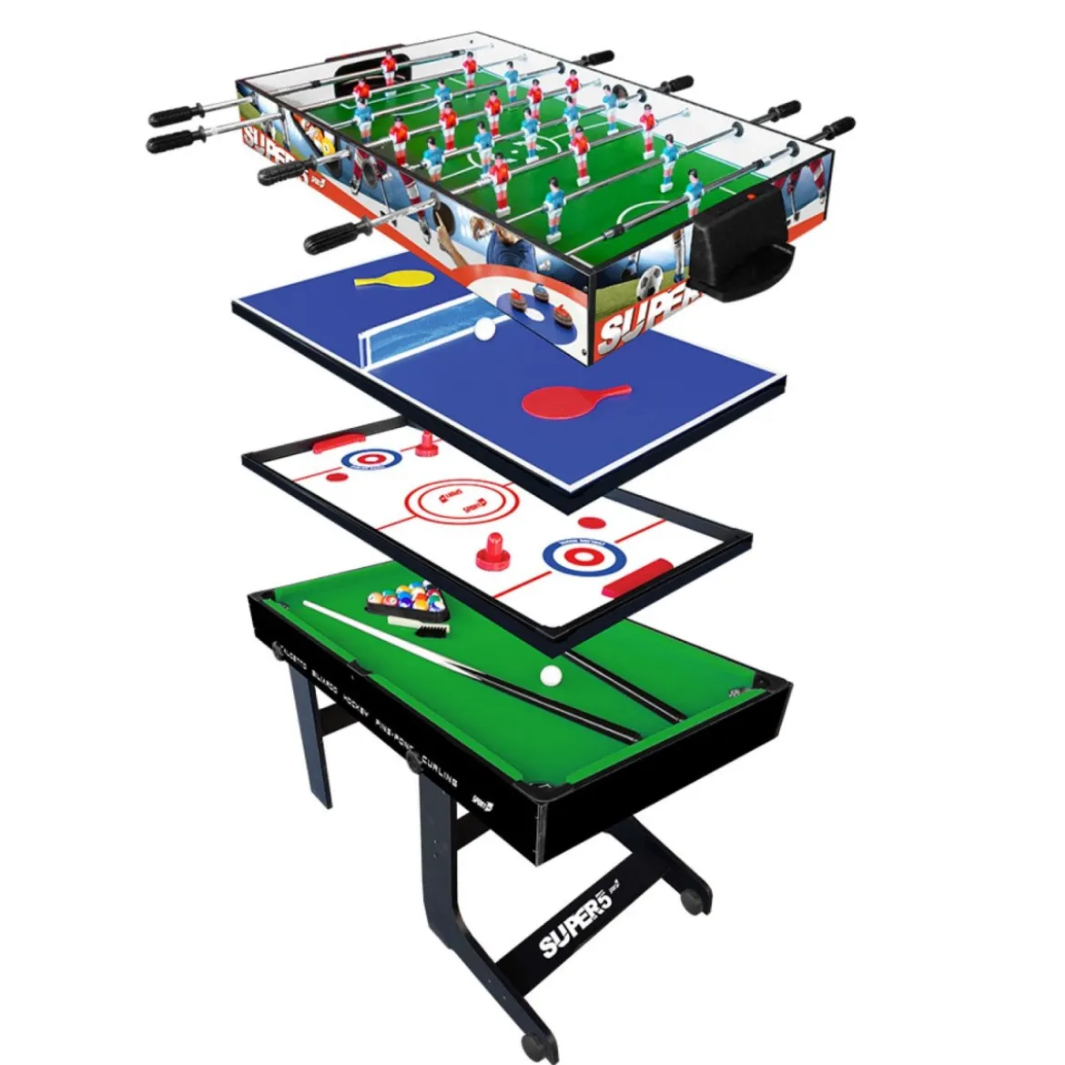 Tavolo Richiudibile 5in1 Biliardino Ping Pong Hockey Curling Biliardo Con Palline