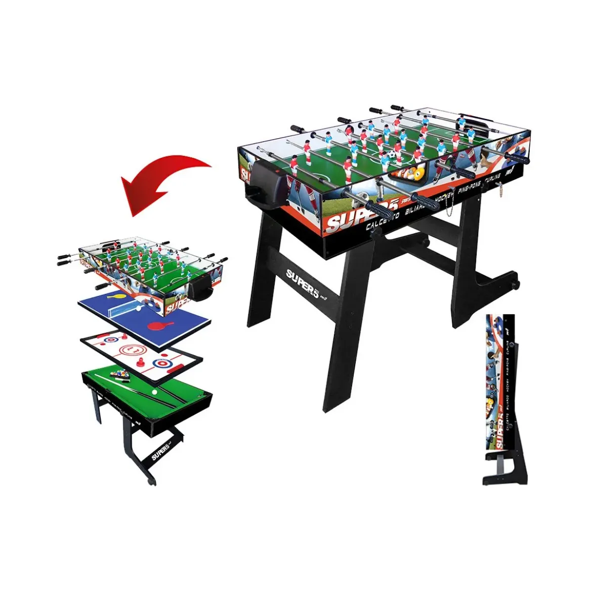 Tavolo Richiudibile 5in1 Biliardino Ping Pong Hockey Curling Biliardo Con Palline