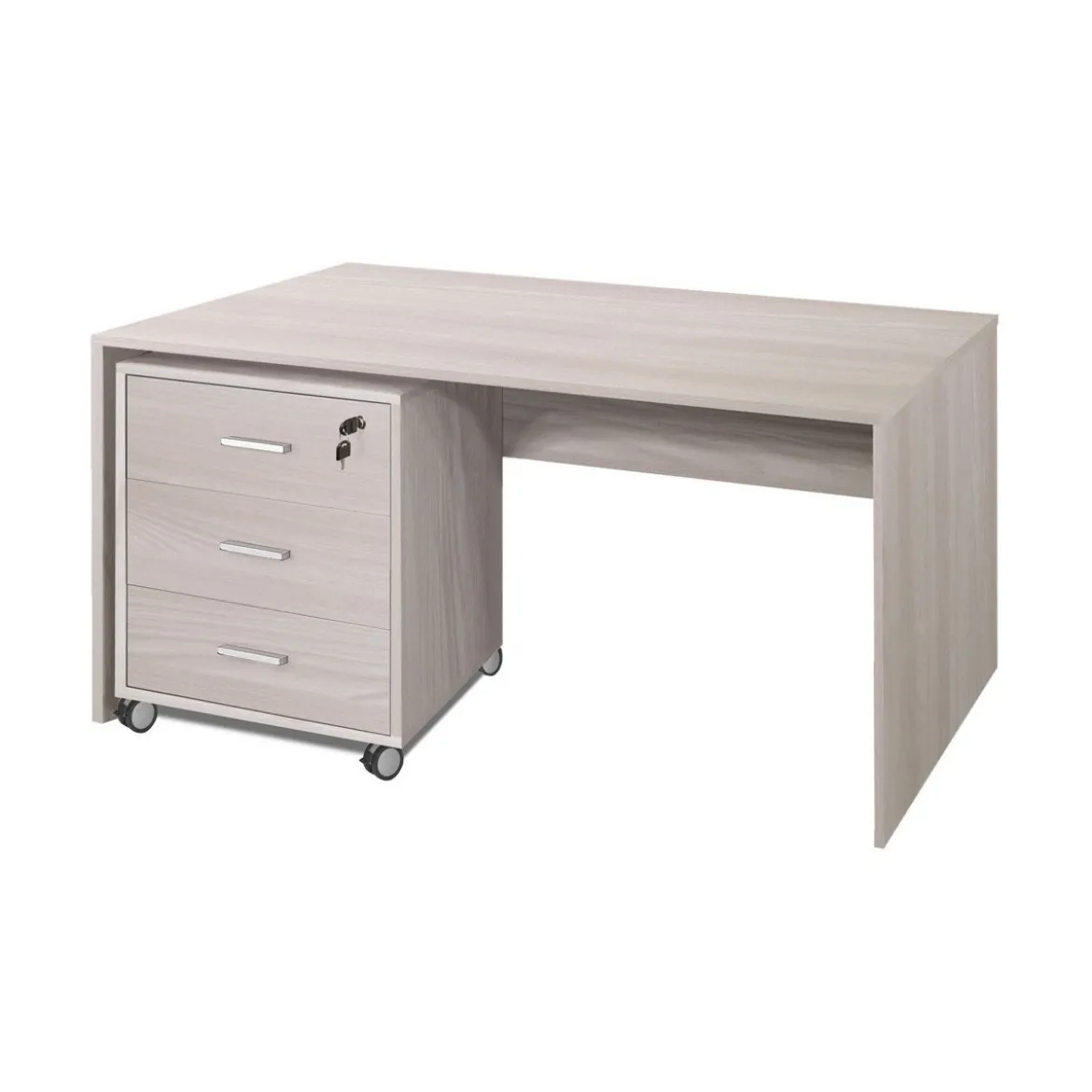 Tavolo Scrivania 120 cm Olmo con Cassettiera 3 Cassetti Chiave Ruote da Ufficio