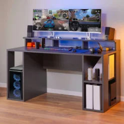 Tavolo Scrivania da Gaming Grande Grigia Porta Pc Ufficio per Gamer