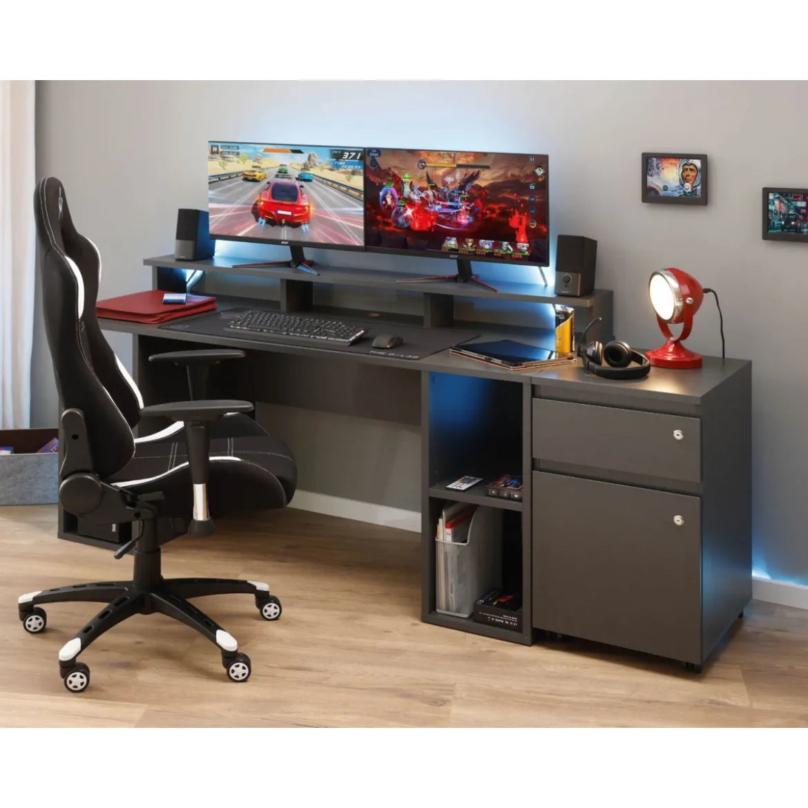 Tavolo Scrivania da Gaming Grande Grigia Porta Pc Ufficio per Gamer