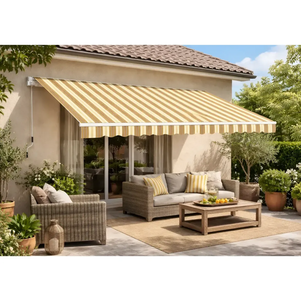 Tenda da Sole 400x300 Rigato Beige a Barra Quadra Avvolgibile Esterno