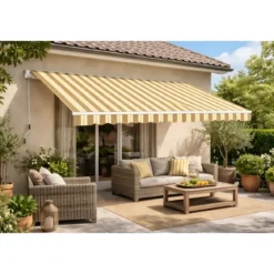 Tenda da Sole 200x150 Rigato Beige a Barra Quadra Avvolgibile Esterno