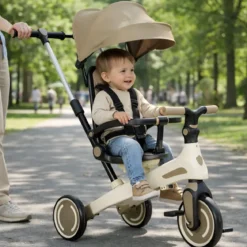 Triciclo Evolutivo per Bambini Beige Sedile Girevole Cappotta Tessuto