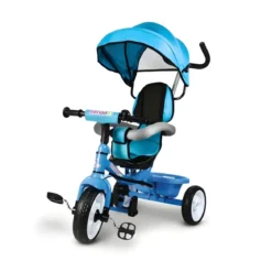 Triciclo per Bambini Azzurro 360° con Cappottina e Guida Parentale