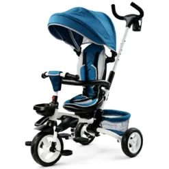 Triciclo per Bambini Blu Pieghevole Sedile Girevole Cappottina 1+