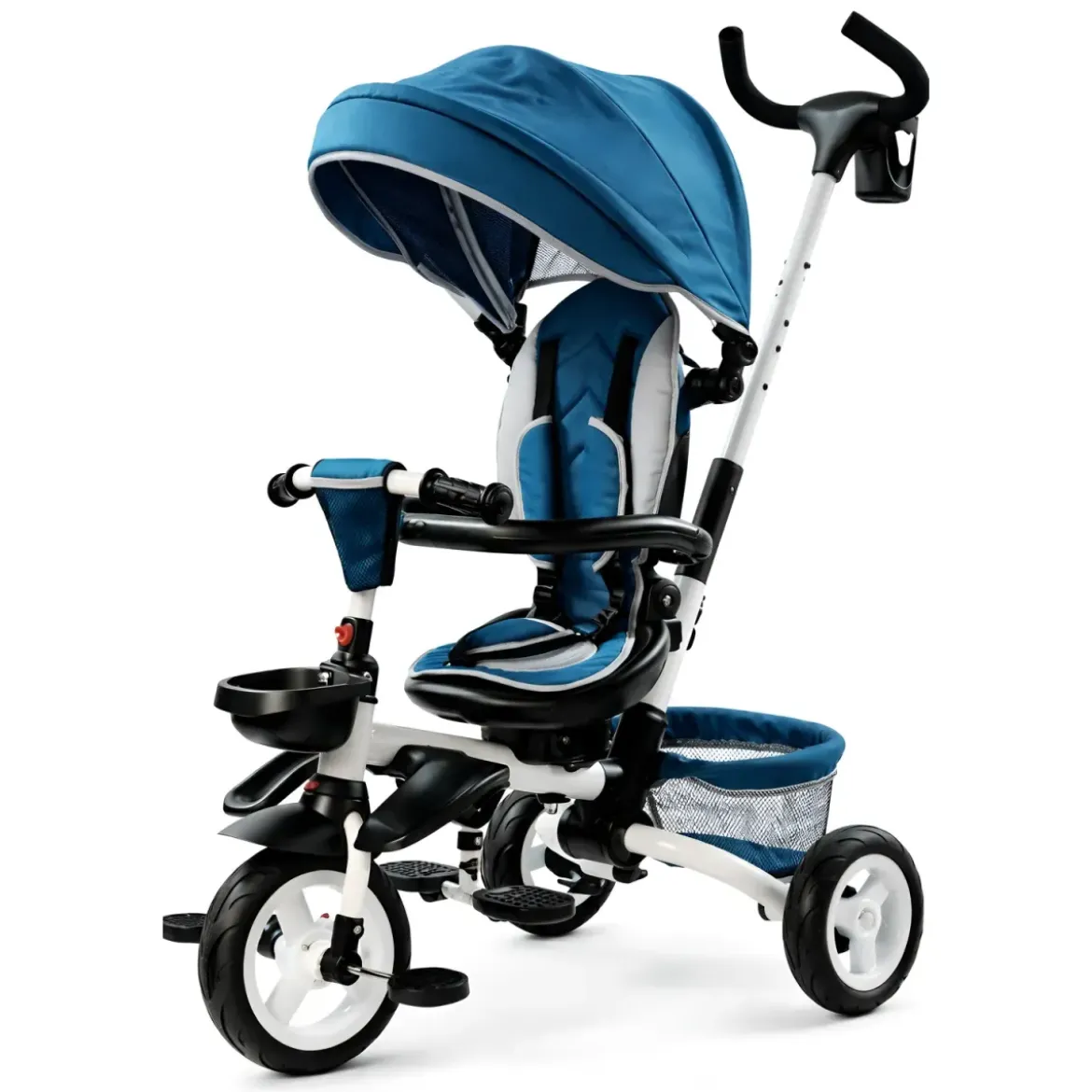 Triciclo per Bambini Blu Pieghevole Sedile Girevole Cappottina 1+