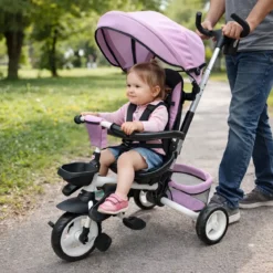 Triciclo per Bambini Rosa Pieghevole Sedile Girevole Cappottina 1+