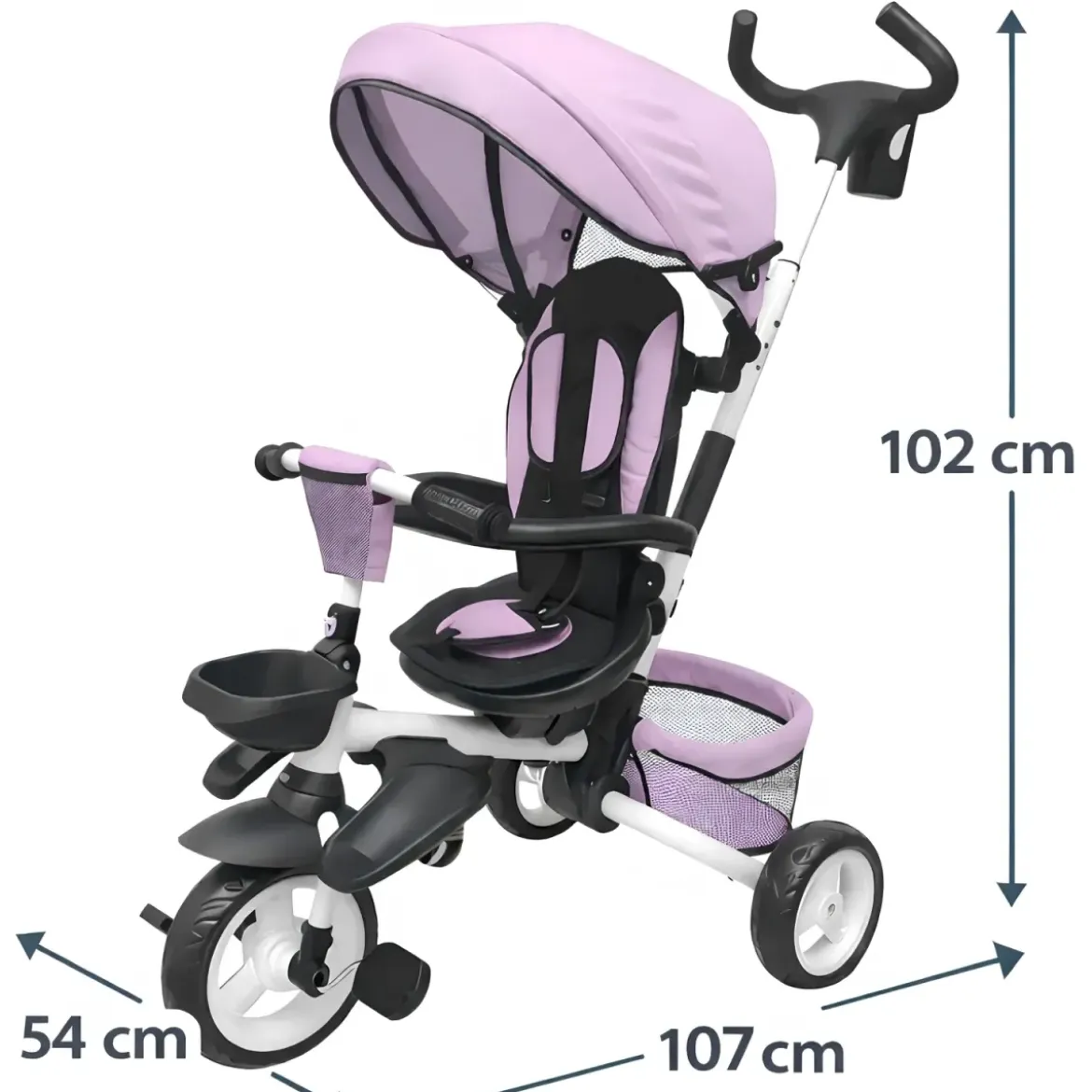 Triciclo per Bambini Rosa Pieghevole Sedile Girevole Cappottina 1+