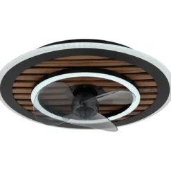 Ventilatore da Soffitto Luce LED 36W Moderno Anello Nero Effetto Legno