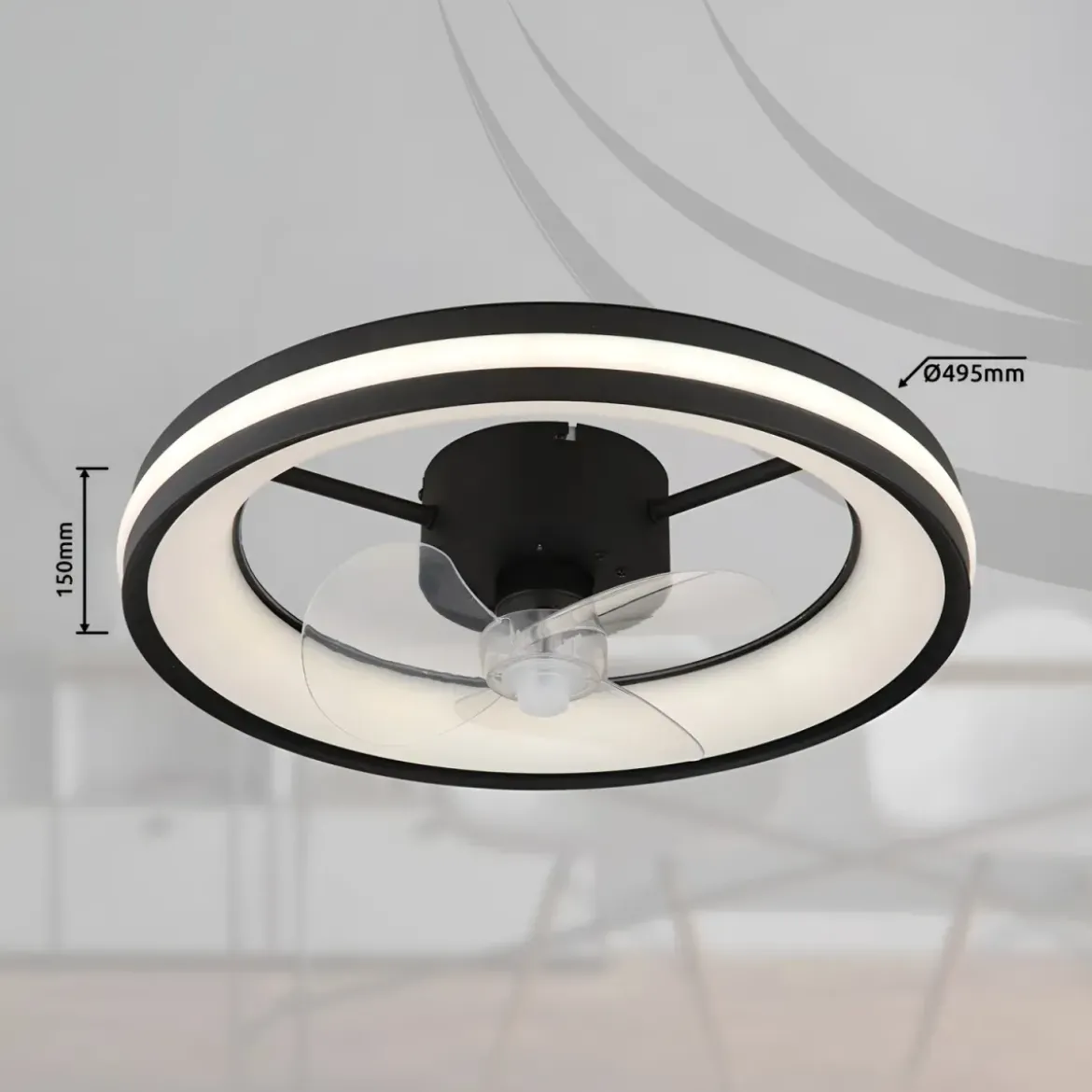 Ventilatore Soffitto con Luce LED Dimmerabile Nero 3 Pale Trasparenti