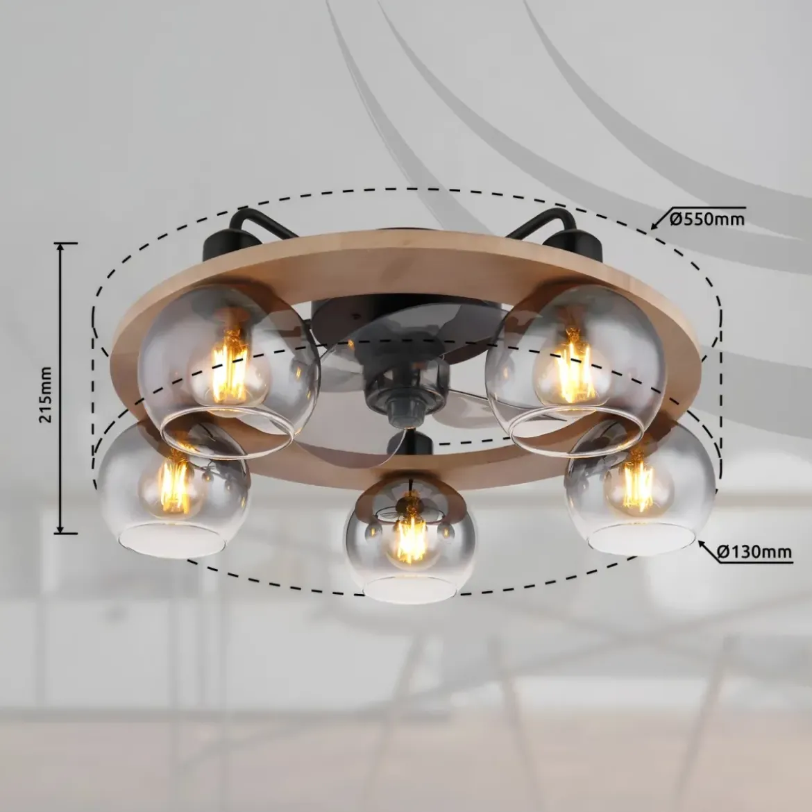 Ventilatore Soffitto con Luce 5 Bracci E27 3 Pale Nero Effetto Legno
