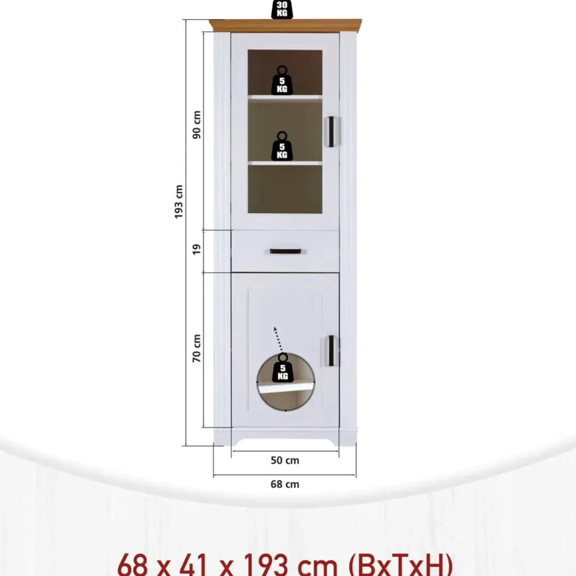 Vetrina Colonna da Soggiorno con 2 Ante Cassetto Legno Bianco Rovere