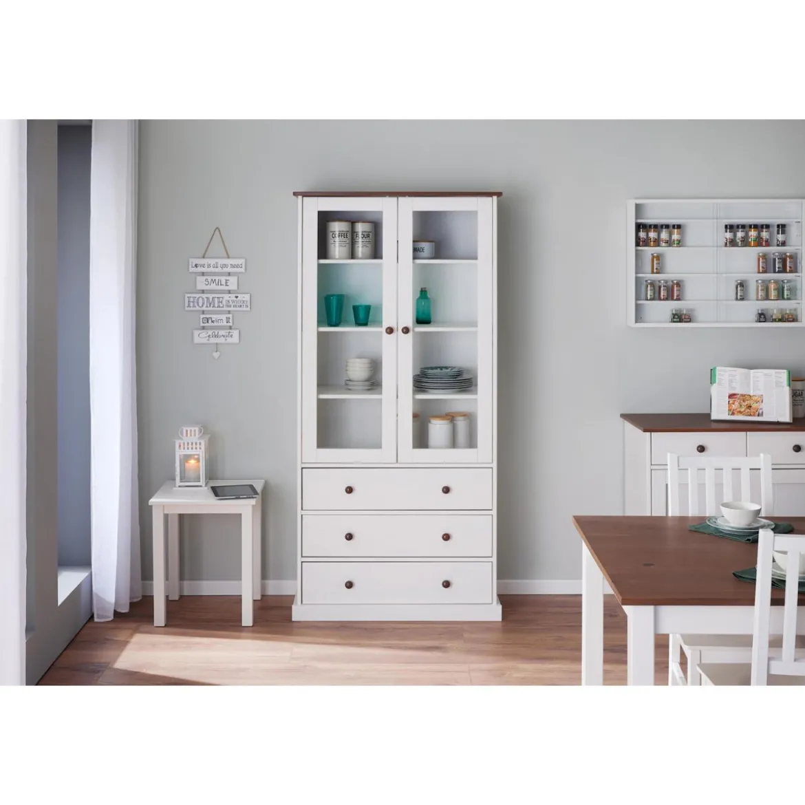 Vetrina con 3 Cassetti e 2 Ante Credenza Bianca da Cucina in Legno