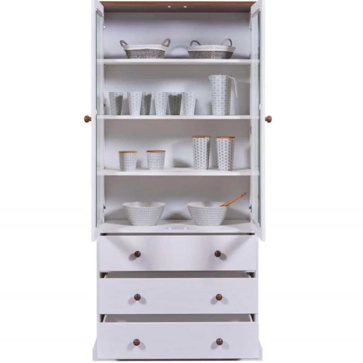 Vetrina con 3 Cassetti e 2 Ante Credenza Bianca da Cucina in Legno