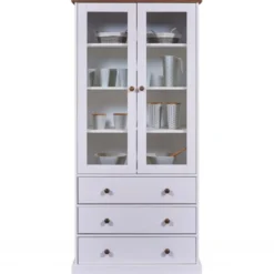 Vetrina con 3 Cassetti e 2 Ante Credenza Bianca da Cucina in Legno