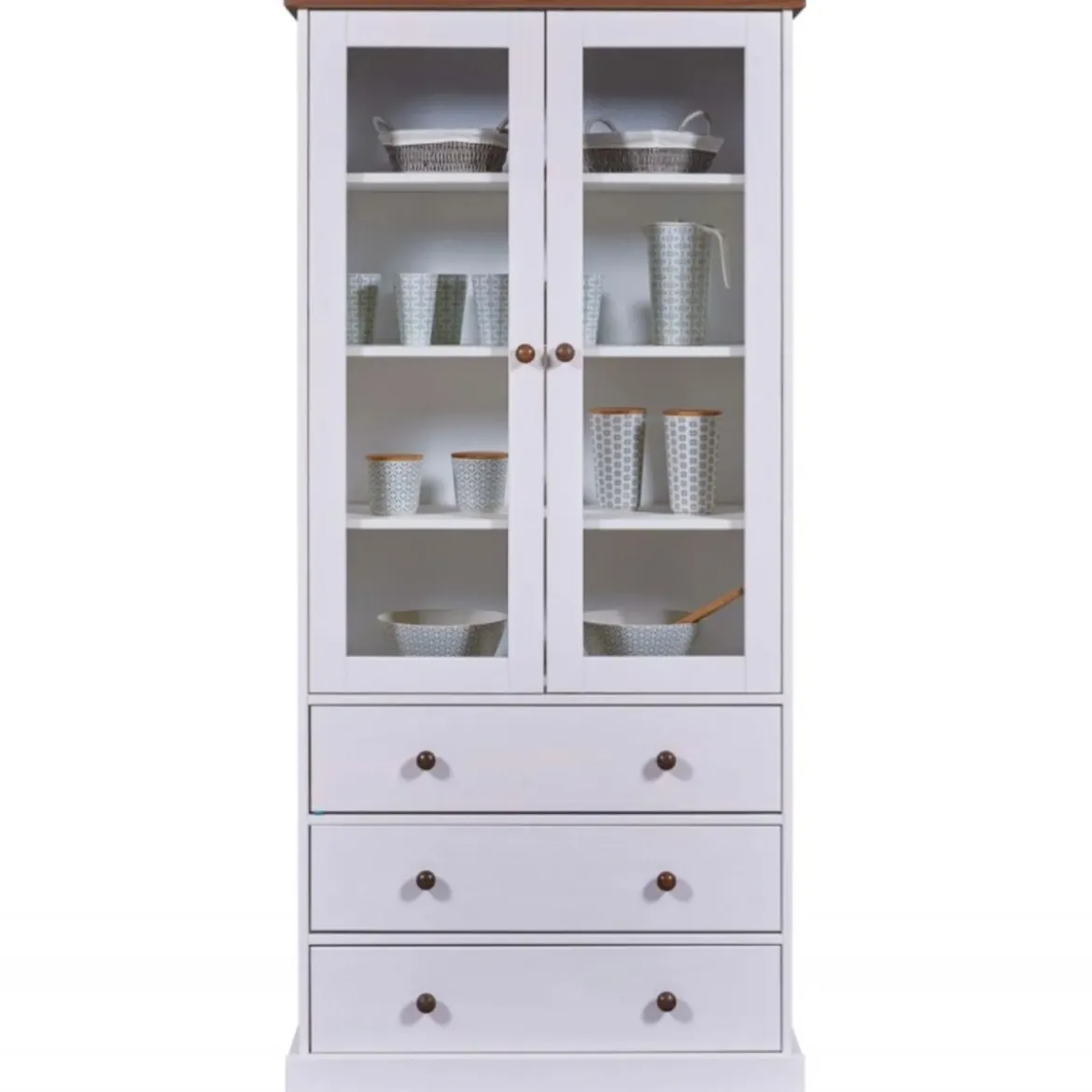 Vetrina con 3 Cassetti e 2 Ante Credenza Bianca da Cucina in Legno