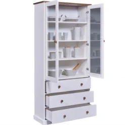Vetrina con 3 Cassetti e 2 Ante Credenza Bianca da Cucina in Legno