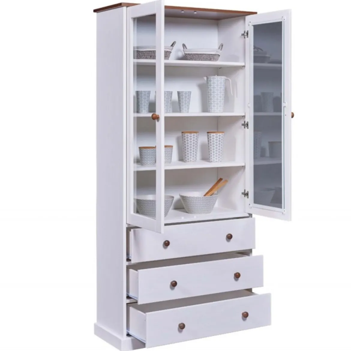 Vetrina con 3 Cassetti e 2 Ante Credenza Bianca da Cucina in Legno