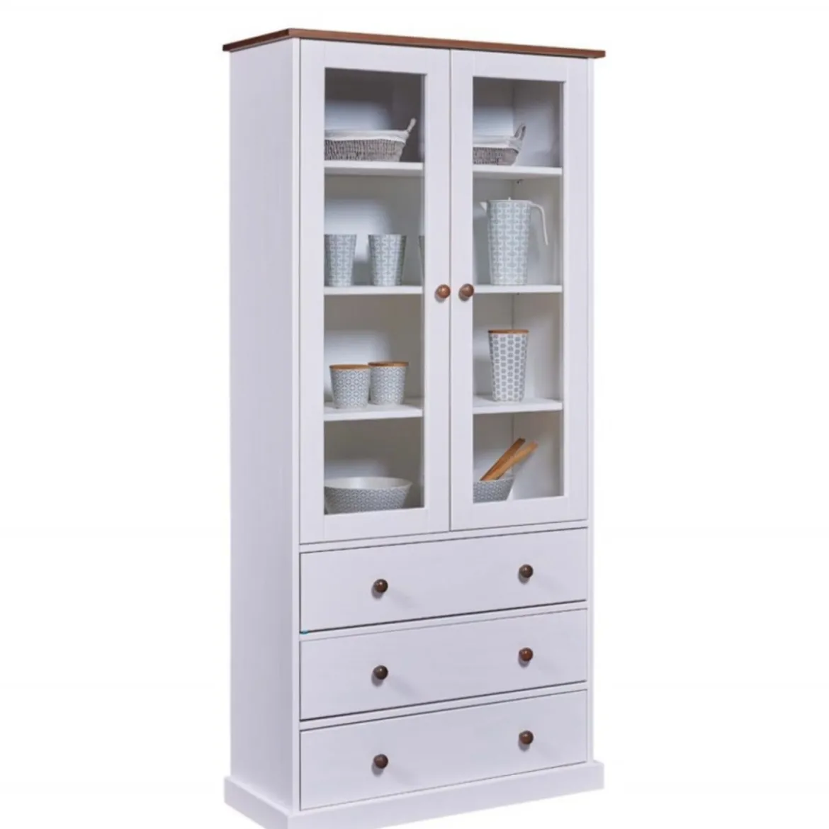 Vetrina con 3 Cassetti e 2 Ante Credenza Bianca da Cucina in Legno