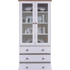 Vetrina con 3 Cassetti e 2 Ante Credenza Bianca da Cucina in Legno