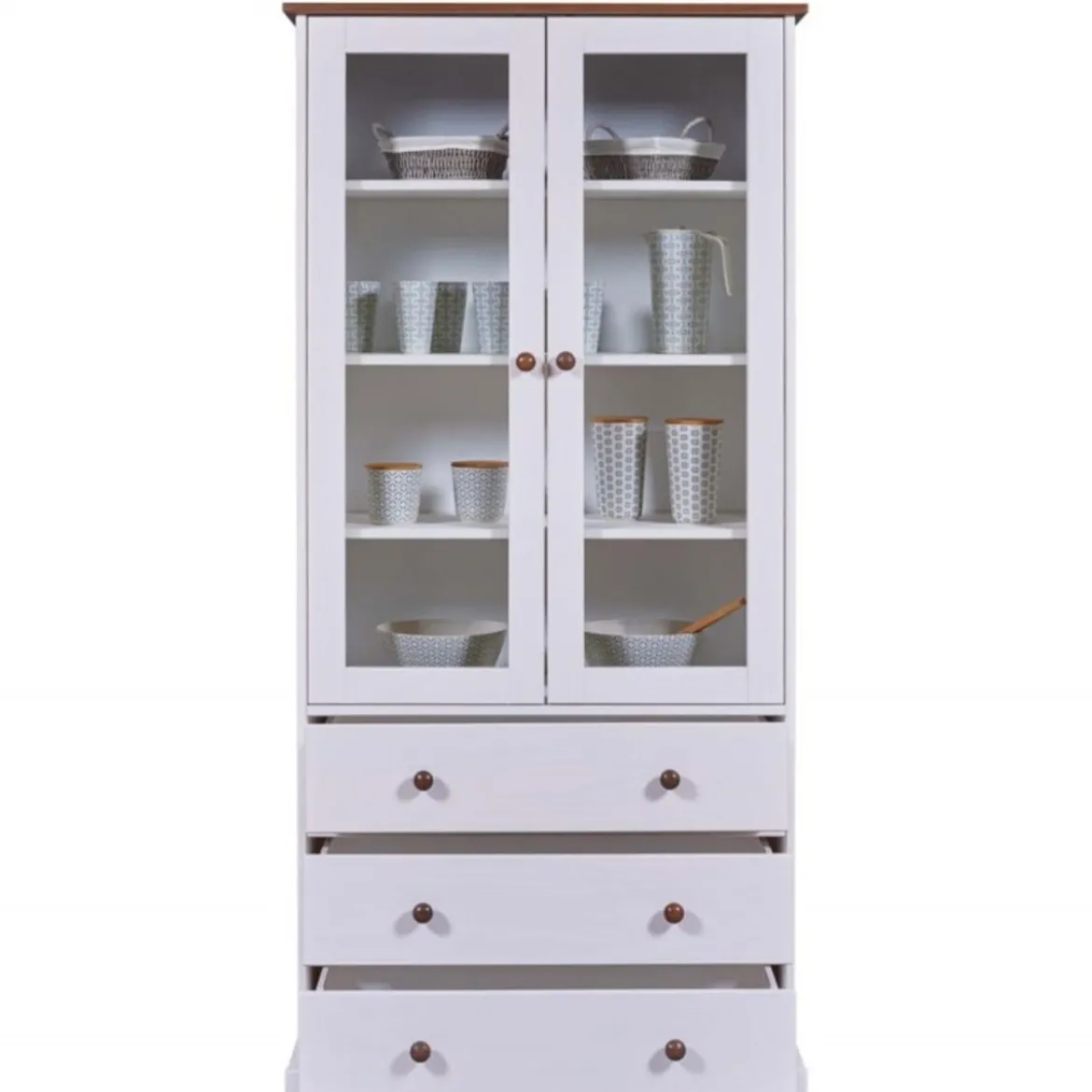 Vetrina con 3 Cassetti e 2 Ante Credenza Bianca da Cucina in Legno