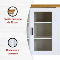 Vetrina Credenza da Salotto con 2 Ante in Legno Massello Bianco Rovere