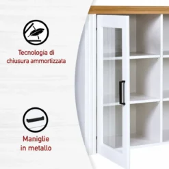 Vetrina Credenza da Salotto con 2 Ante in Legno Massello Bianco Rovere