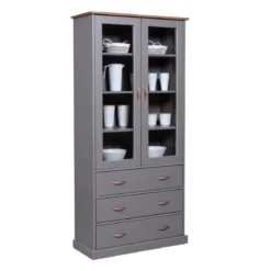 Vetrina Credenza Grigia Alta Mobile 2 Ante con Cassetti da Cucina Legno