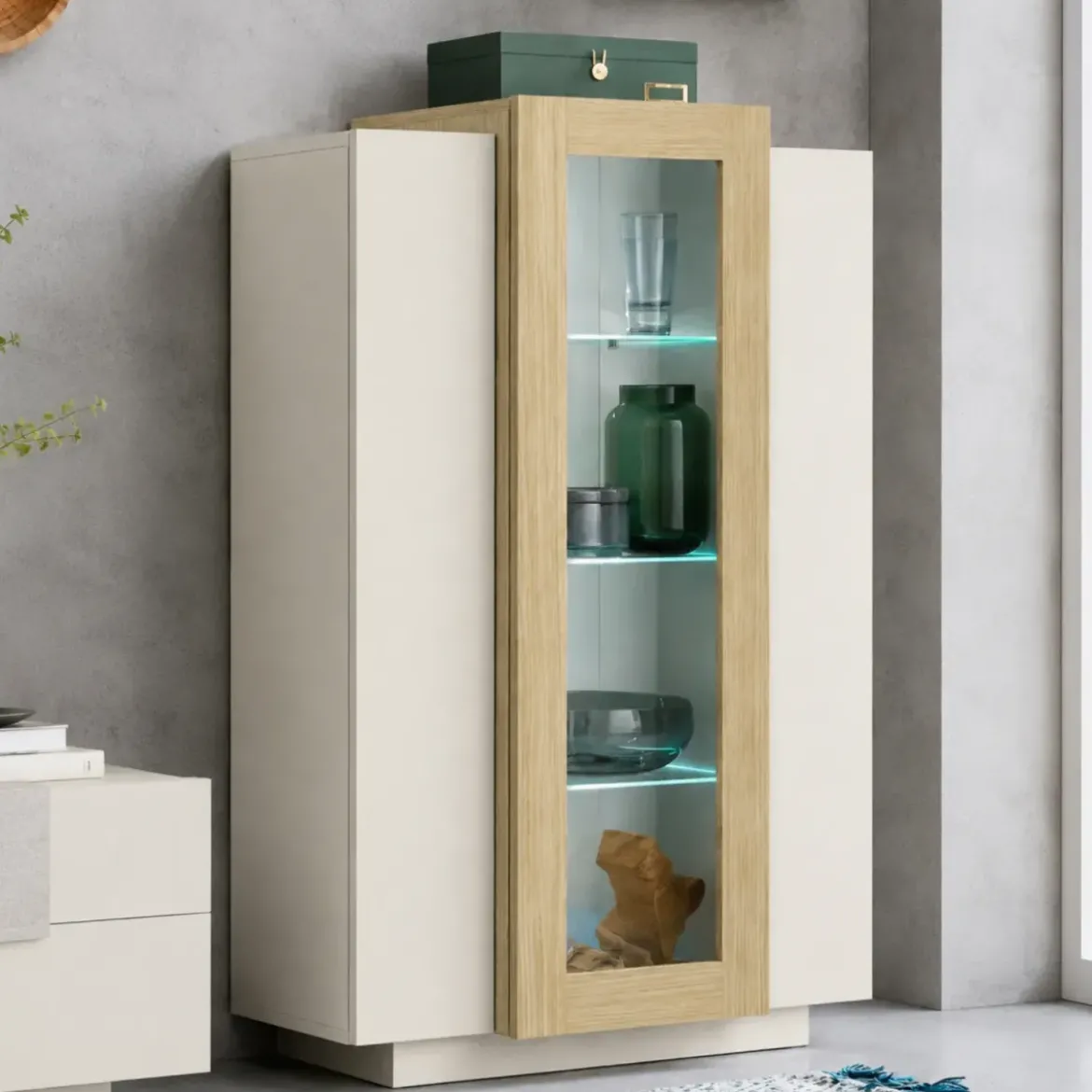 Vetrina Mobile da Soggiorno 3 Ante Beige Rovere Vetro Moderna 5 Ripiani