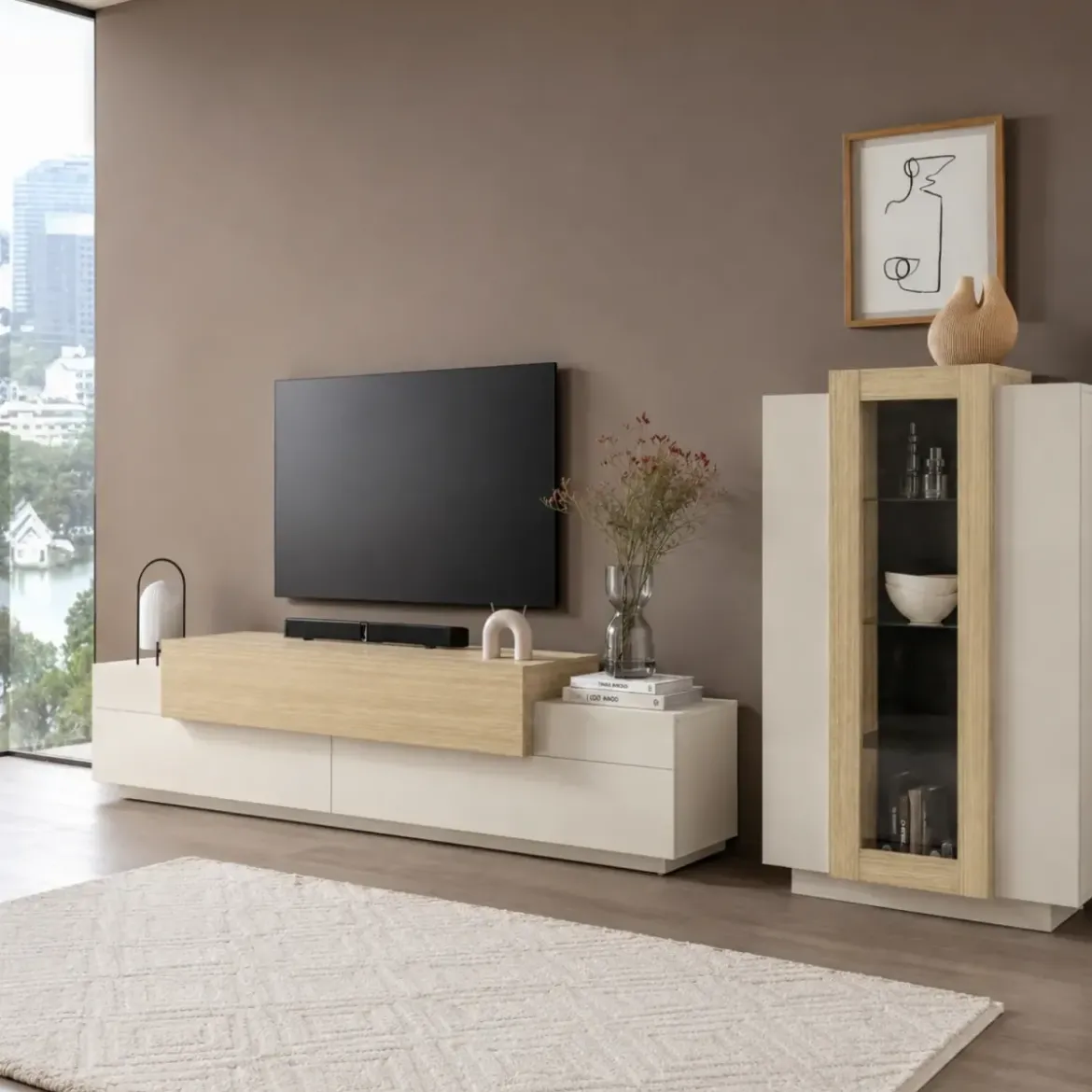 Vetrina Mobile da Soggiorno 3 Ante Beige Rovere Vetro Moderna 5 Ripiani
