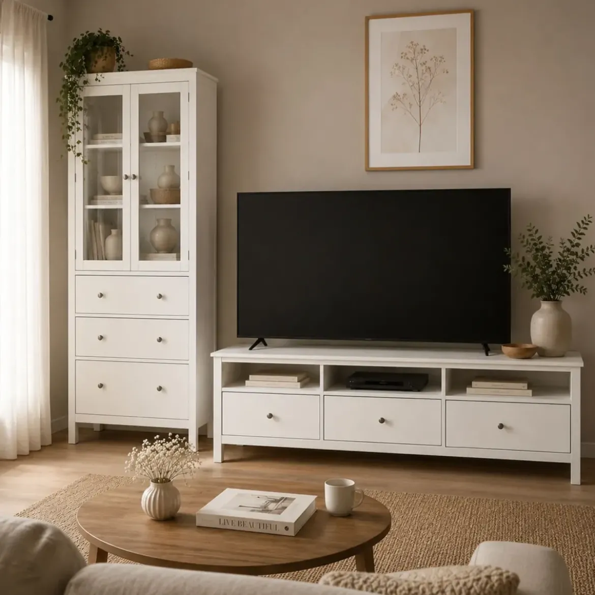 Vetrina Soggiorno Credenza Bianco 3 Cassetti 2 Ante in Legno MDF