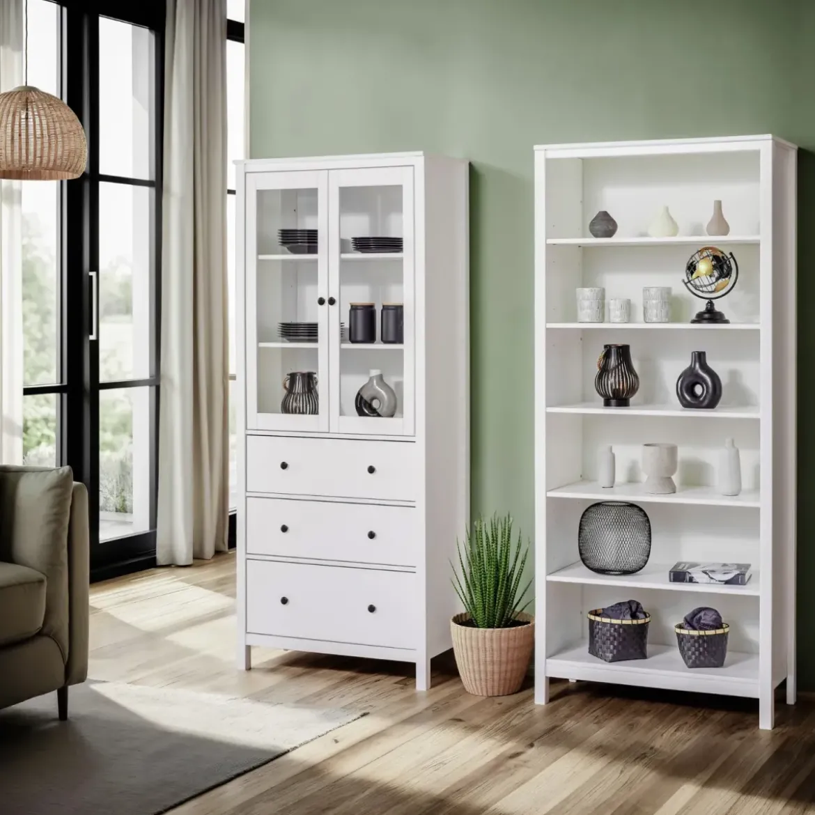 Vetrina Soggiorno Credenza Bianco 3 Cassetti 2 Ante in Legno MDF