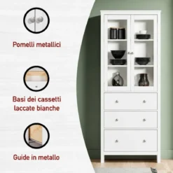 Vetrina Soggiorno Credenza Bianco 3 Cassetti 2 Ante in Legno MDF
