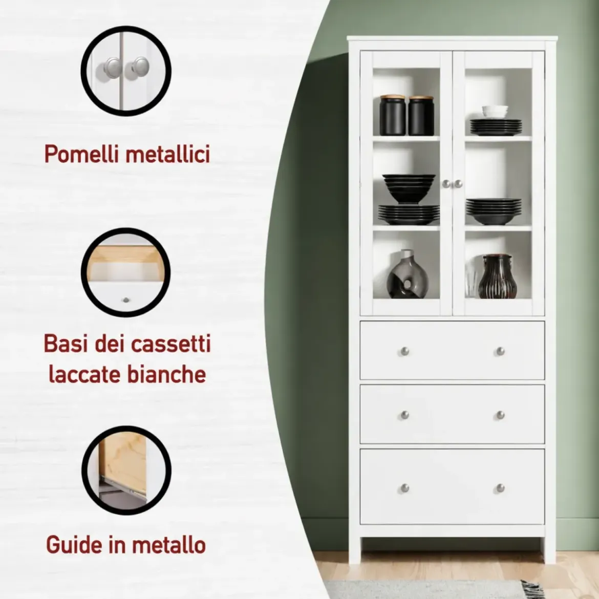 Vetrina Soggiorno Credenza Bianco 3 Cassetti 2 Ante in Legno MDF