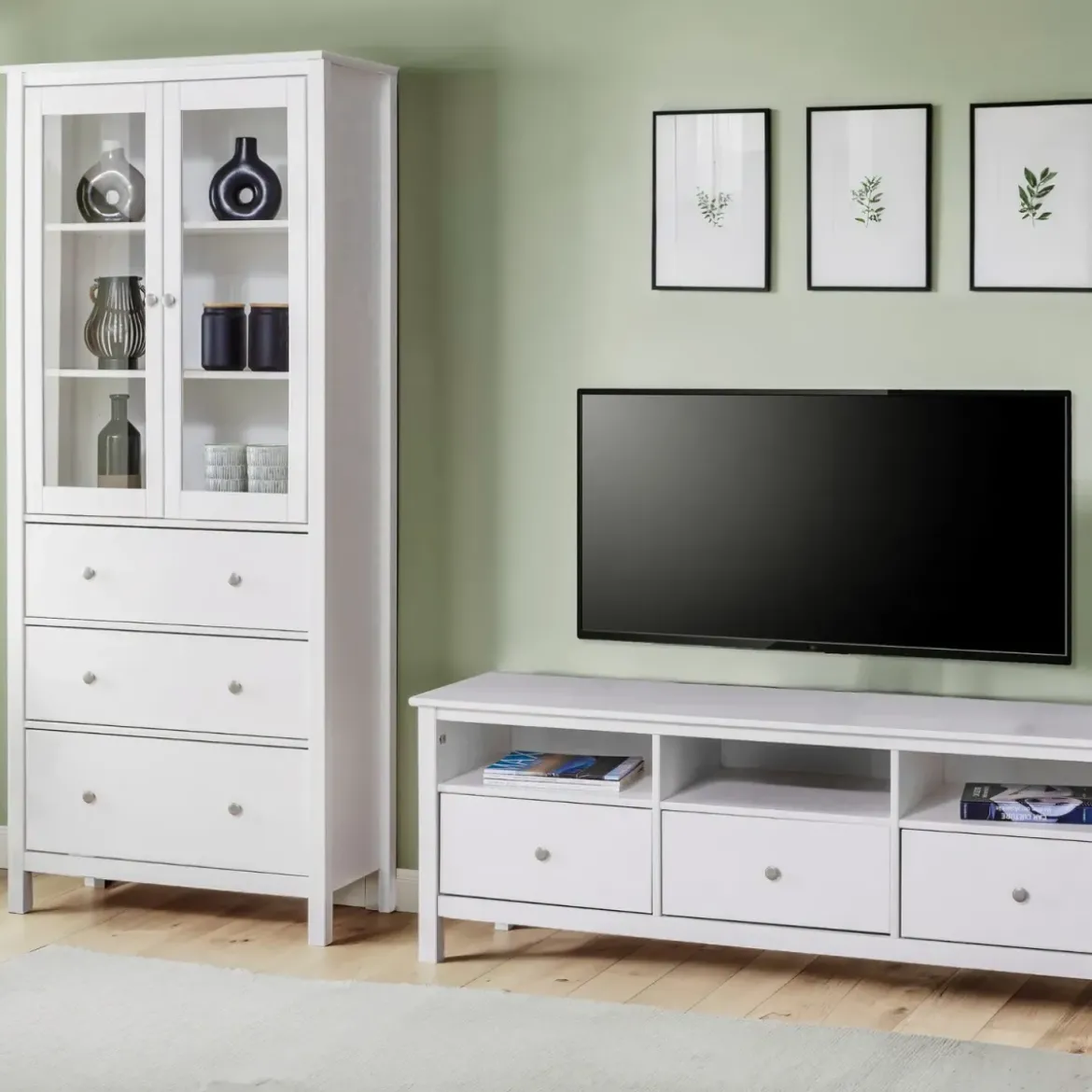 Vetrina Soggiorno Credenza Bianco 3 Cassetti 2 Ante in Legno MDF