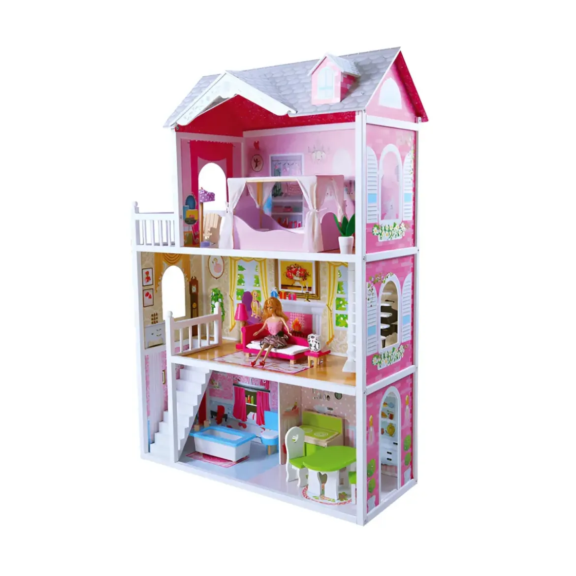 Villa Bambole Legno 3 Piani 124 cm Arredamento Incluso Fashion Doll