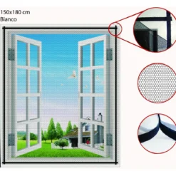 Zanzariera Bianco con Biadesivo 150x180 Anti Zanzare per Porte Finestra