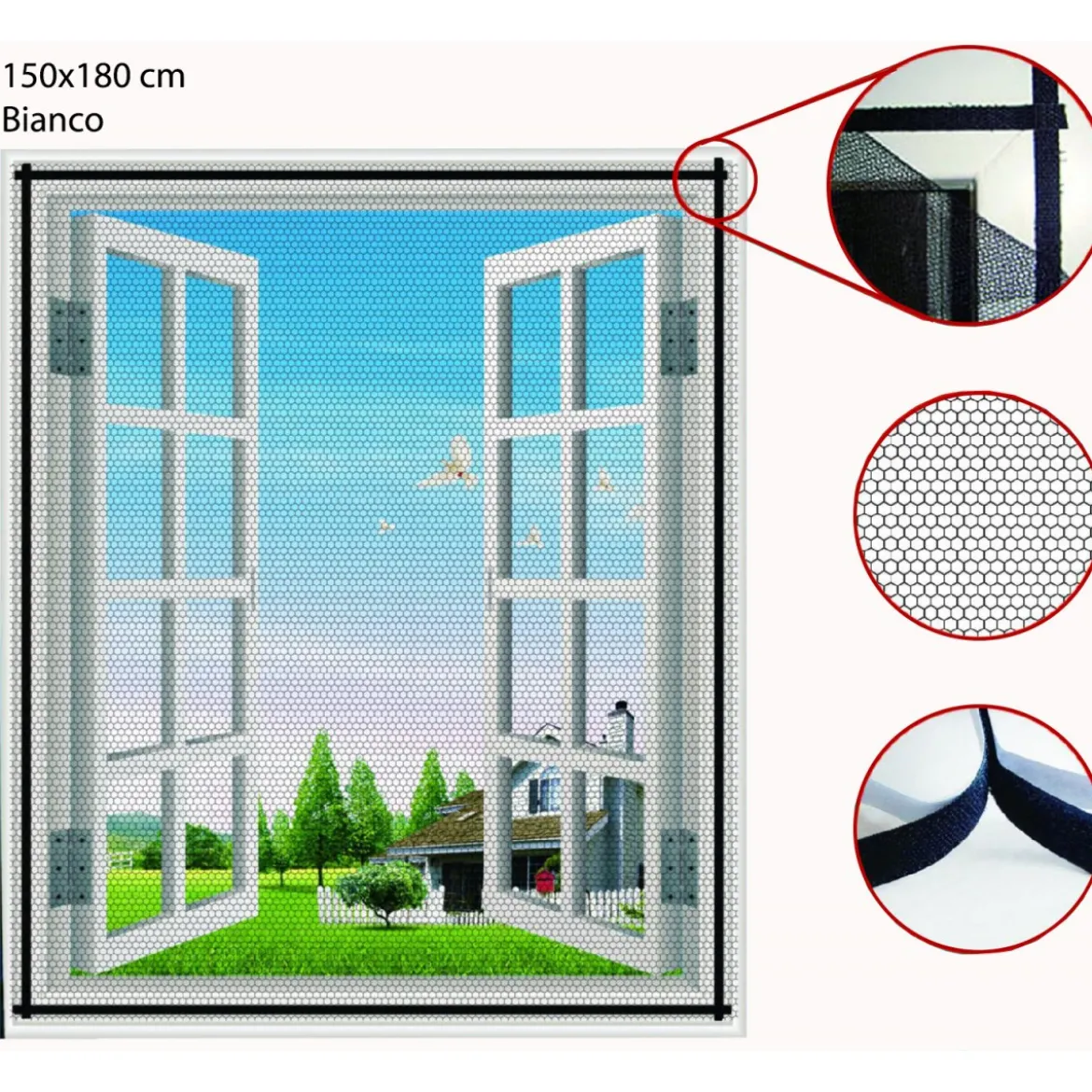 Zanzariera Bianco con Biadesivo 150x180 Anti Zanzare per Porte Finestra